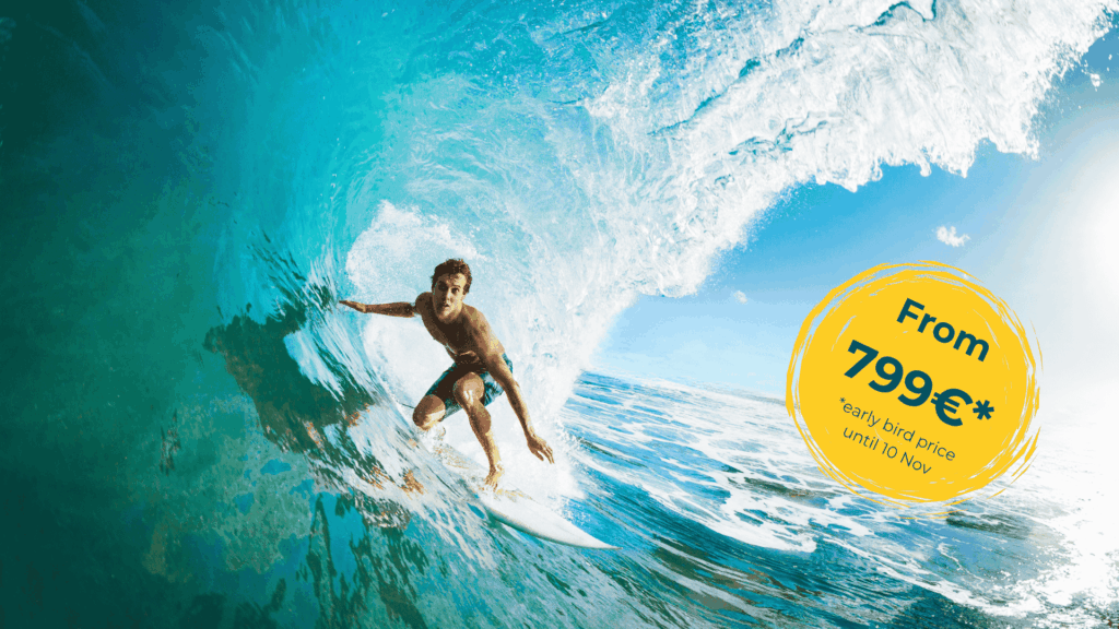A man surfing a wave on the left side, on the right it's a text "New Year Surf Week 2026 in EL Palmar, Spain | 27 Dec - 3 Jan